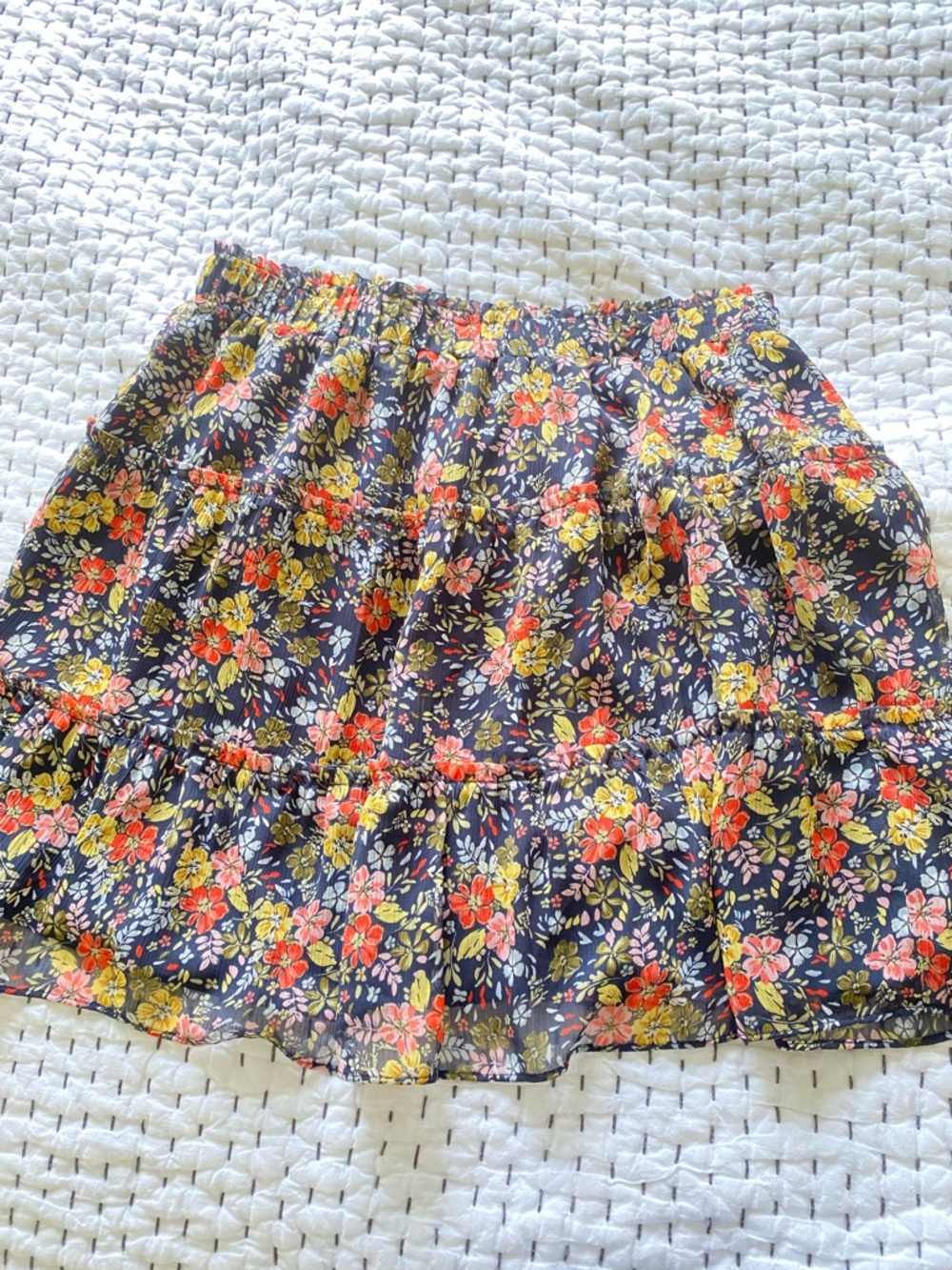 LOFT Navy Floral Tiered Mini Skirt with Pink & Yellow Blooms